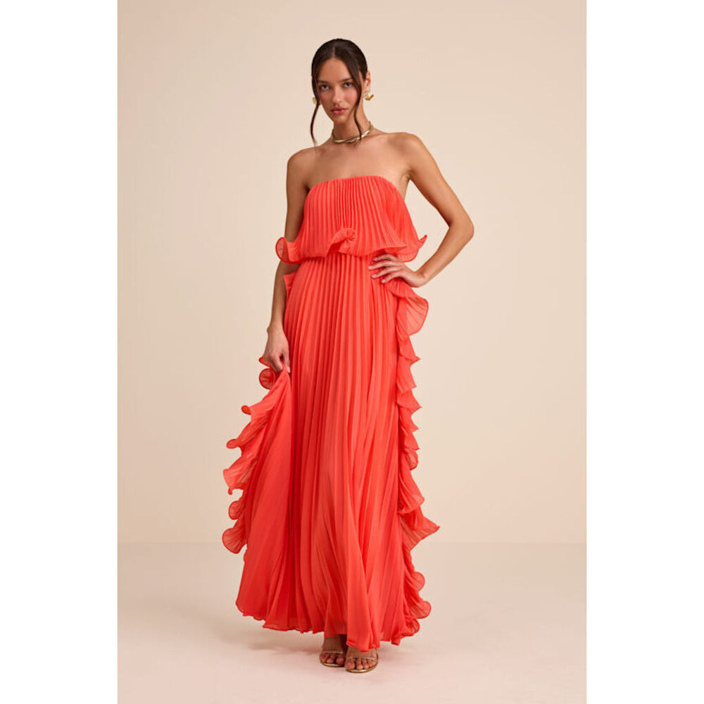 Lulus Andri Bright Orange Pleated Ruffled Maxi Dress - Size XS